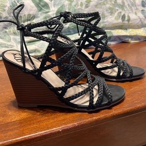Fergalicious black strappy wedge sandals. Size 8. Style Baxter.